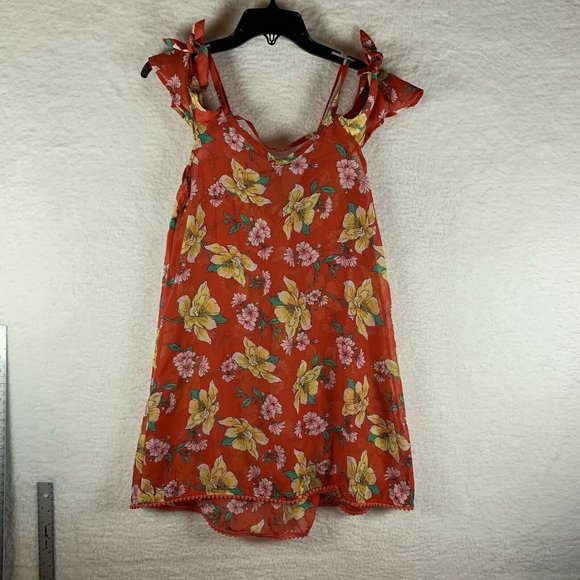 Miken Swimsuit Women's XS Red Polyester Floral Print Cold-Shoulder Cover-Up 6544 - Picture 1 of 8